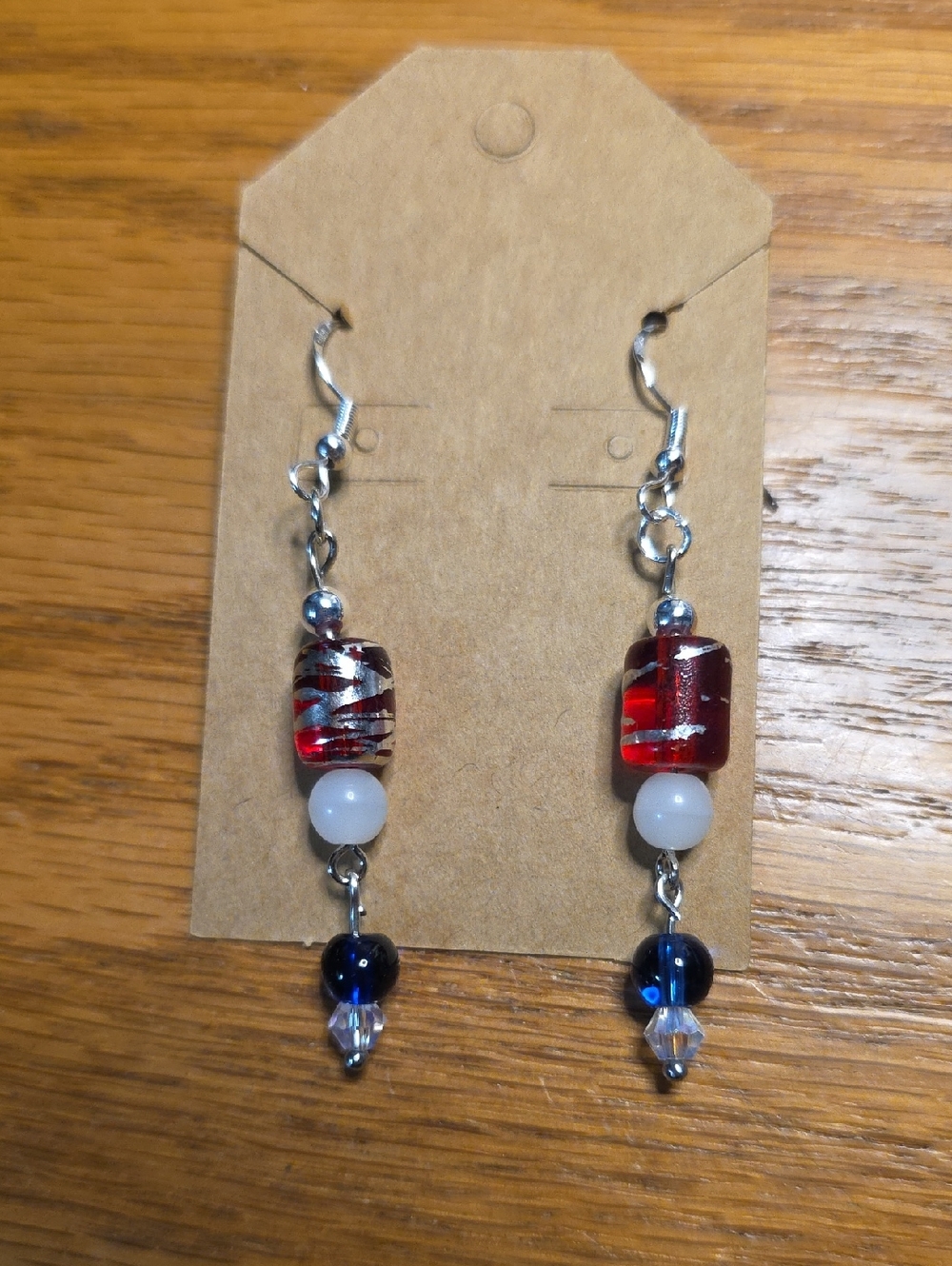Silver Drop Earrings with Red, White & Blue Glass Beads